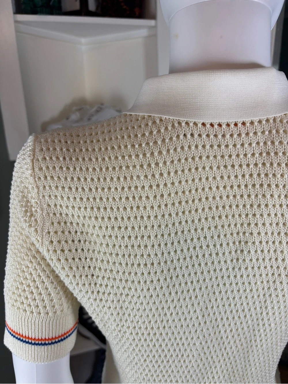 Tory Burch Cream Open Knit Crochet Sweater Pointelle Polo Shirt Top S Small